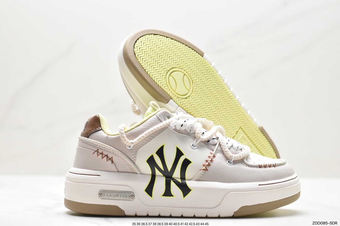 MLB Chunky Liner New York Yankees Senior Shoes Series Low-top Daddy Style Lightweight Height-enhanced Thick-soled All-match Casual Sports Jogging Shoes ”Leather White and Black NY Print” 3ASXCA12N (C0008)