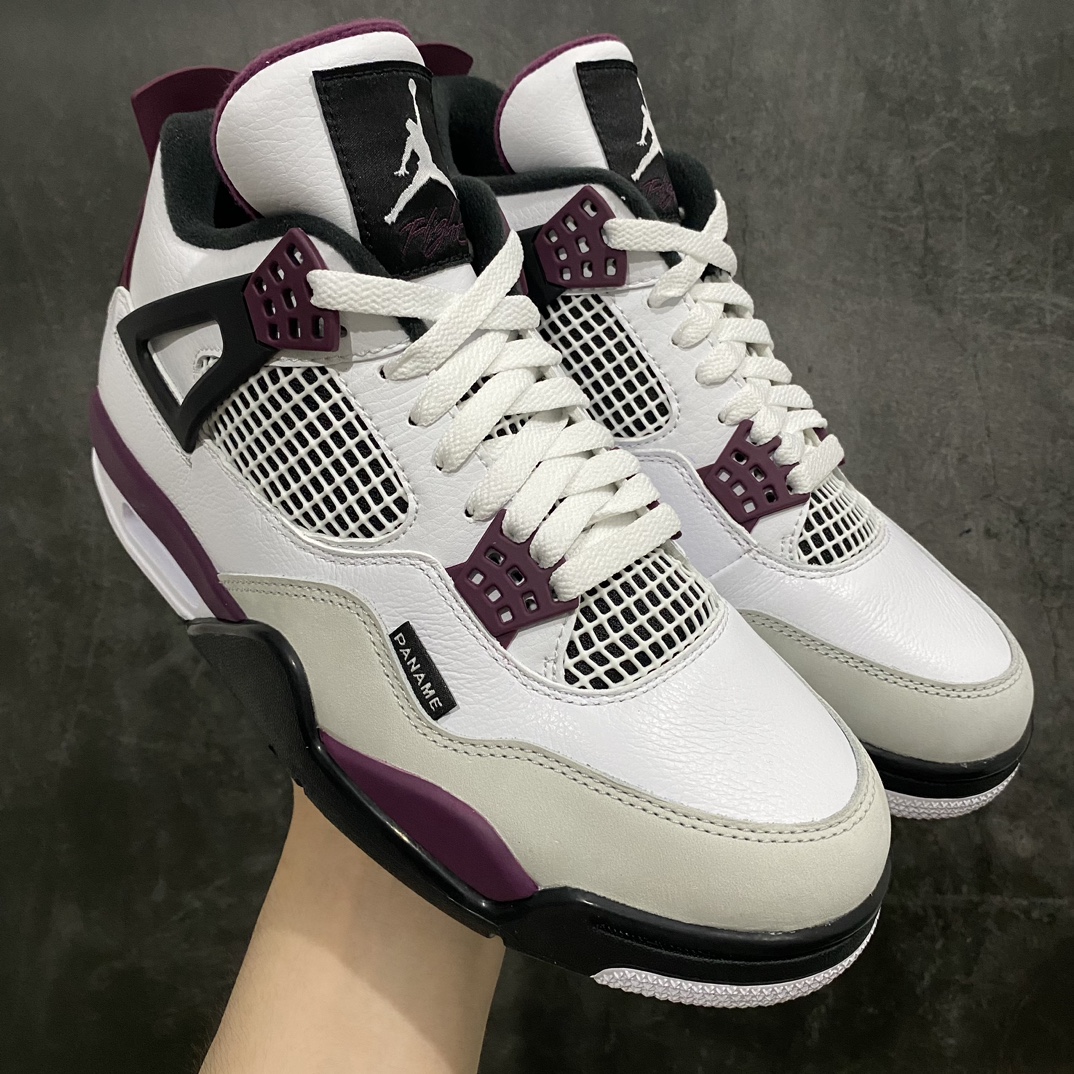 【老DT版】Air Jordan AJ4 PSG波尔多 大巴黎白紫 CZ5624-100nn全新升级出货n细节基本无可挑剔这个批次用的是原厂皮料一切能用原厂的东西基本都是用的原厂n正确老四代鞋型 长鞋舌 鞋头的麂皮皮料对比原鞋无色差n市场大多版本都败在这个地方的色差n侧面黑色小标字体大小 后跟铁牌图案字体 对比原鞋完全一致n正确电脑针车 裁片超高清洁度 定制原版鞋盒及联名衬纸n高端零售必推版本 尺码：40-47.5-莆田鞋批发中心