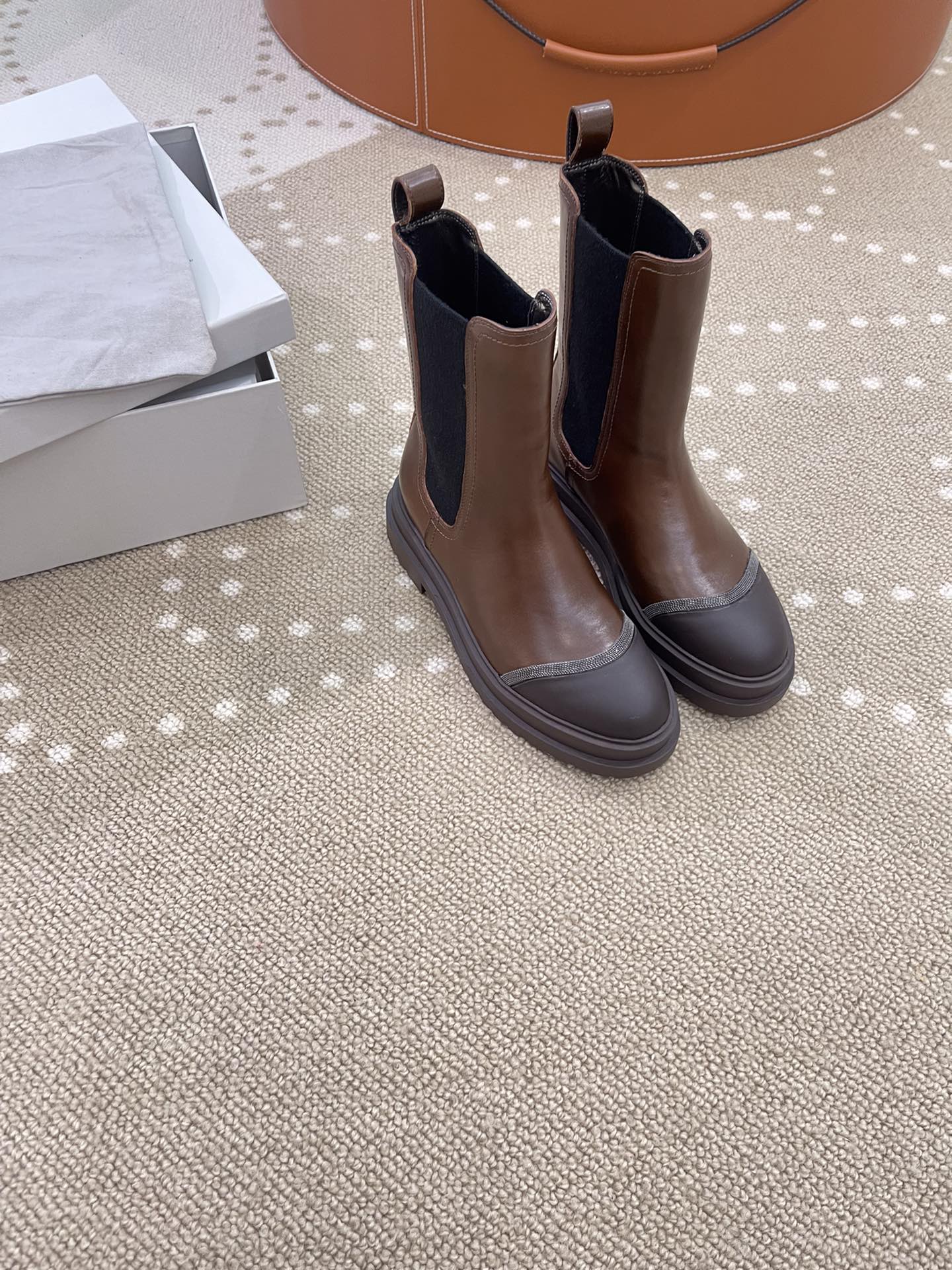 Brunello Cucinelli Short Boots Beige Grey Khaki Women Chamois Cowhide Rubber Casual HD00430