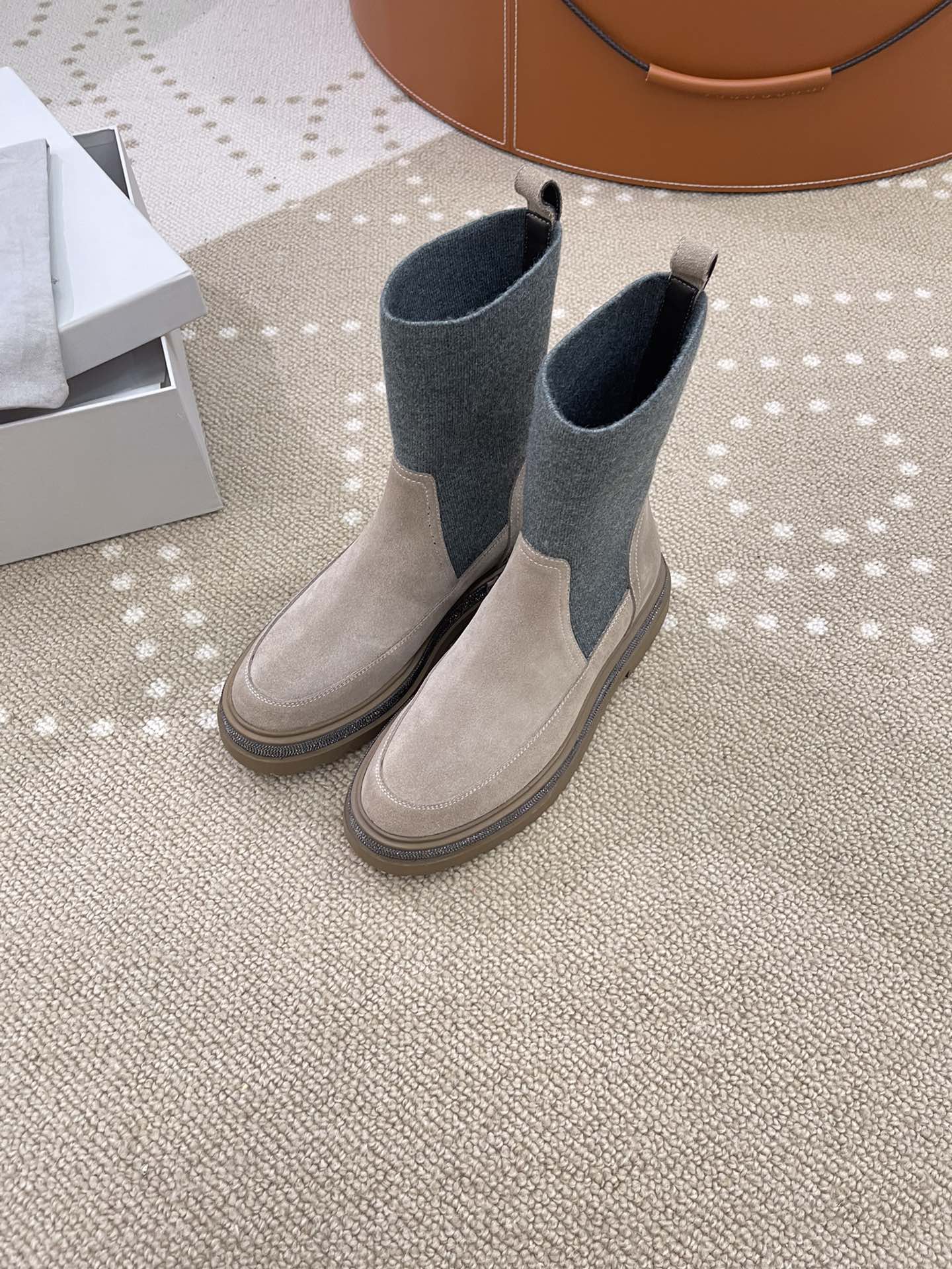 Brunello Cucinelli Short Boots Beige Grey Khaki Women Calfskin Chamois Cowhide Rubber Casual HD00430