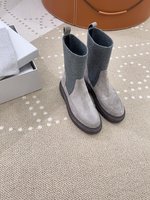 Brunello Cucinelli Short Boots Beige Grey Khaki Women Calfskin Chamois Cowhide Rubber Casual HD00430