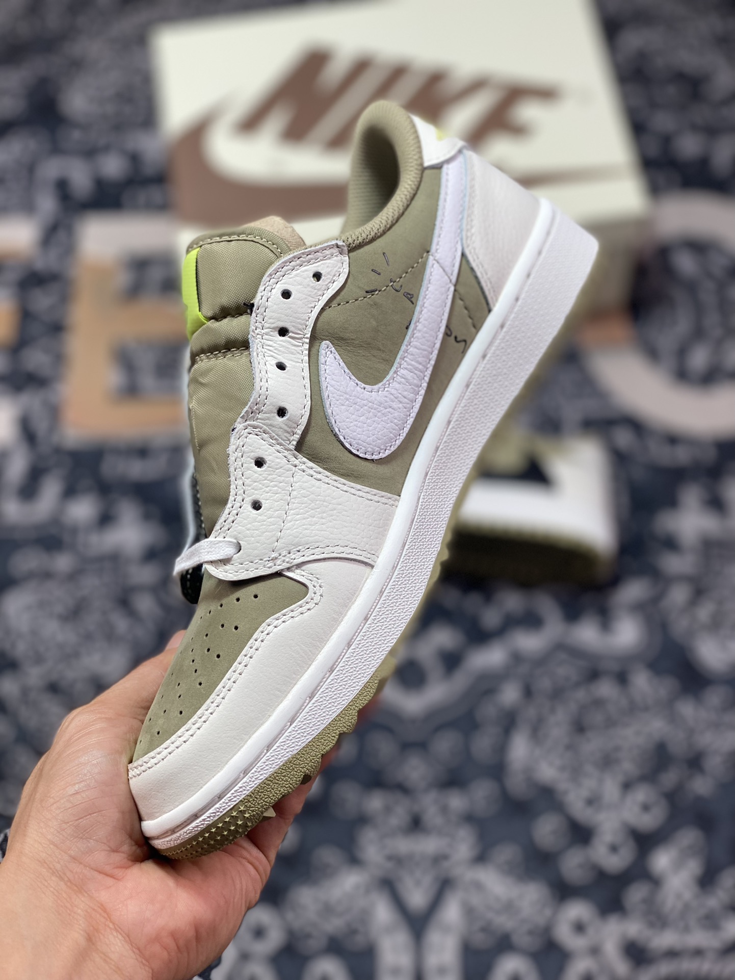 Preferred Travis Scott x Air Jordan AJ1 Low Golf ”Olive” TS joint inverted hook golf low-top FZ3124-200