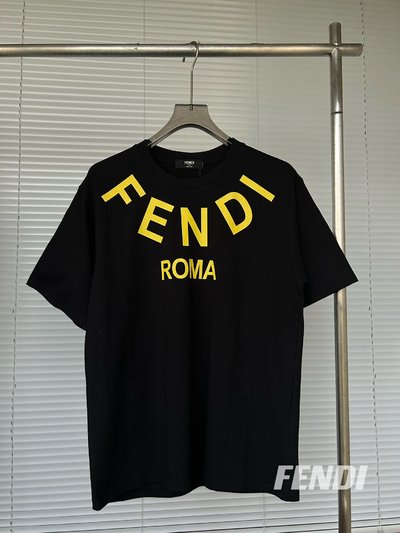 Fendi Clothing T-Shirt Black Yellow Printing Cotton Summer Collection Short Sleeve