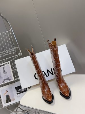 Ganni Long Boots Embroidery Girl Calfskin Cowhide Rubber Fall/Winter Collection Vintage