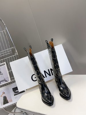 Ganni Long Boots Embroidery Girl Calfskin Cowhide Rubber Fall/Winter Collection Vintage