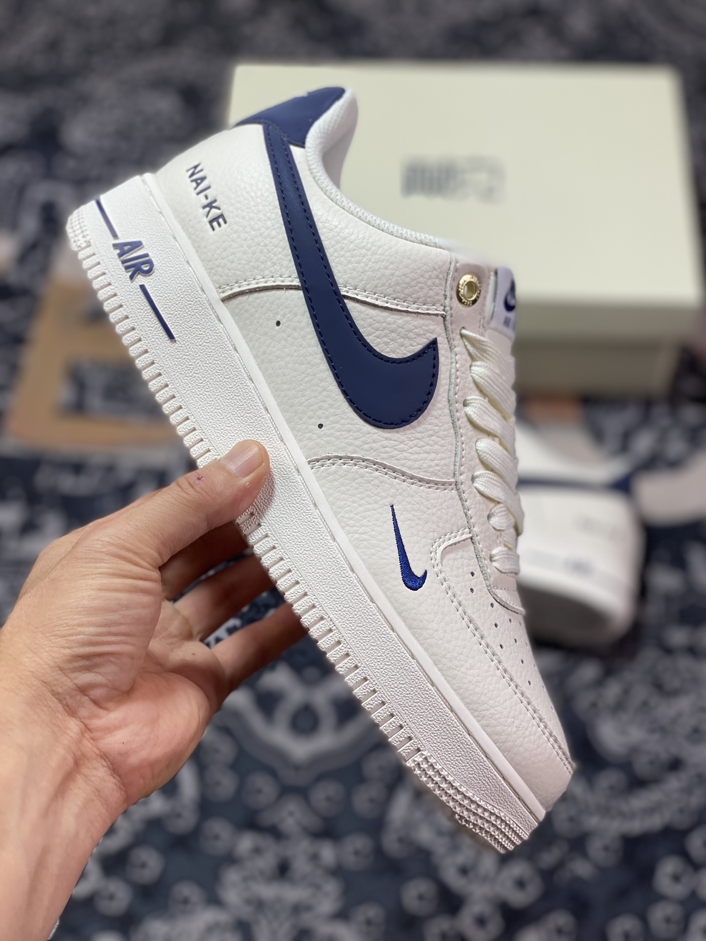 Nike Air Force 1'07”NAI-KE/Beige/Navy” Air Force One classic low-top sneakers ”NAIKE off-white midnight blue hook” NK0621-966