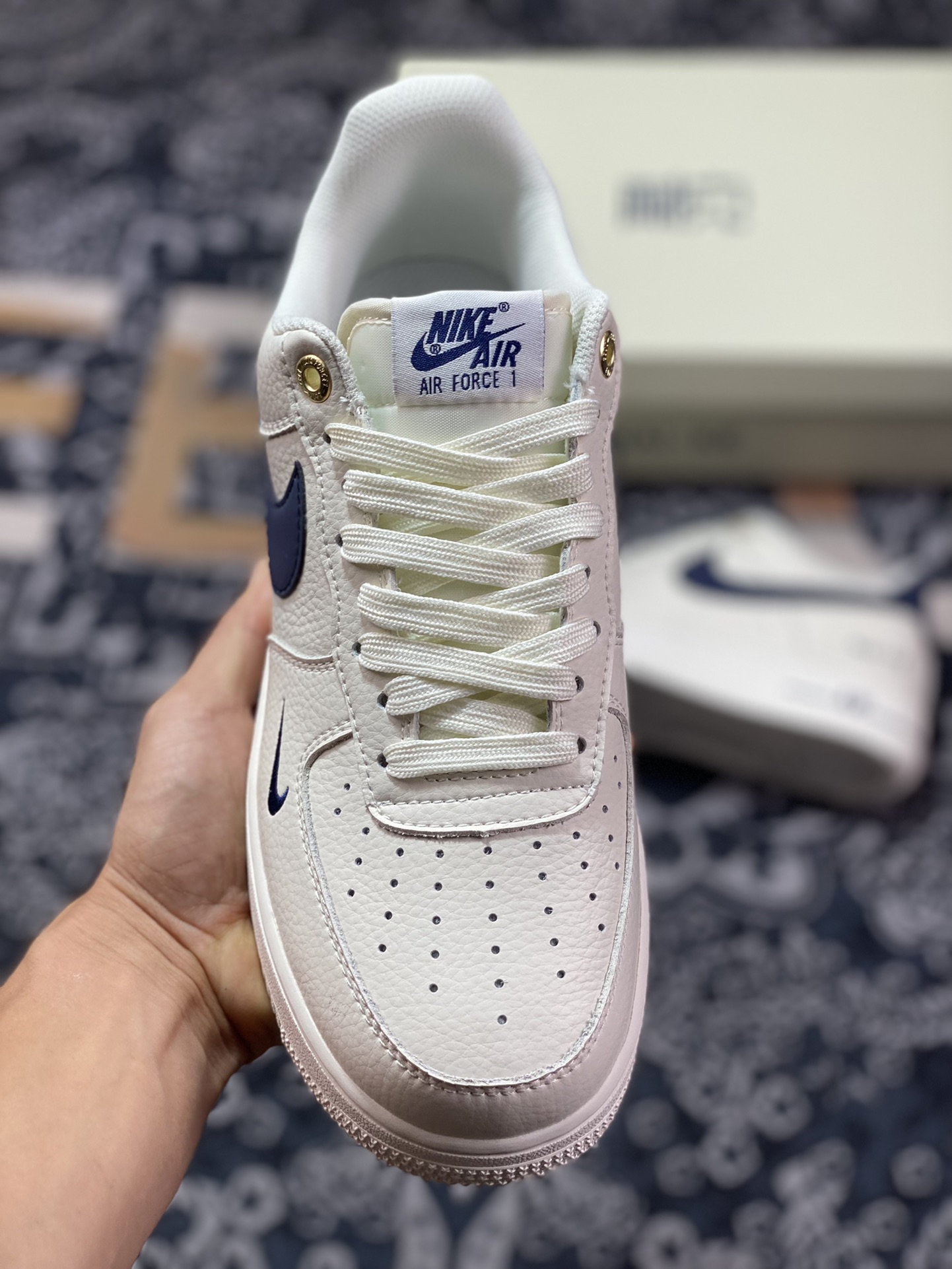 Nike Air Force 1'07”NAI-KE/Beige/Navy” Air Force One classic low-top sneakers ”NAIKE off-white midnight blue hook” NK0621-966