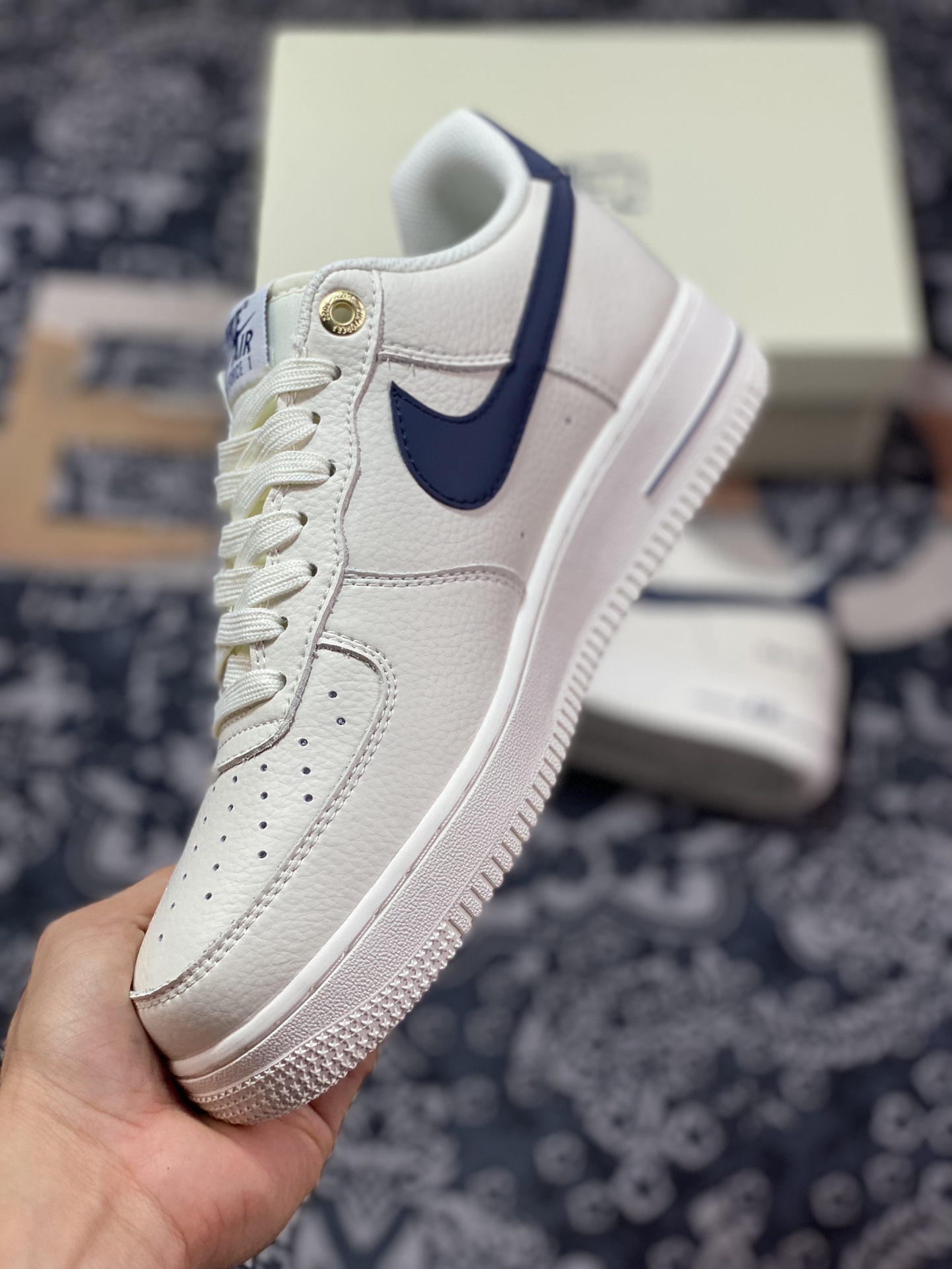 Nike Air Force 1'07”NAI-KE/Beige/Navy” Air Force One classic low-top sneakers ”NAIKE off-white midnight blue hook” NK0621-966