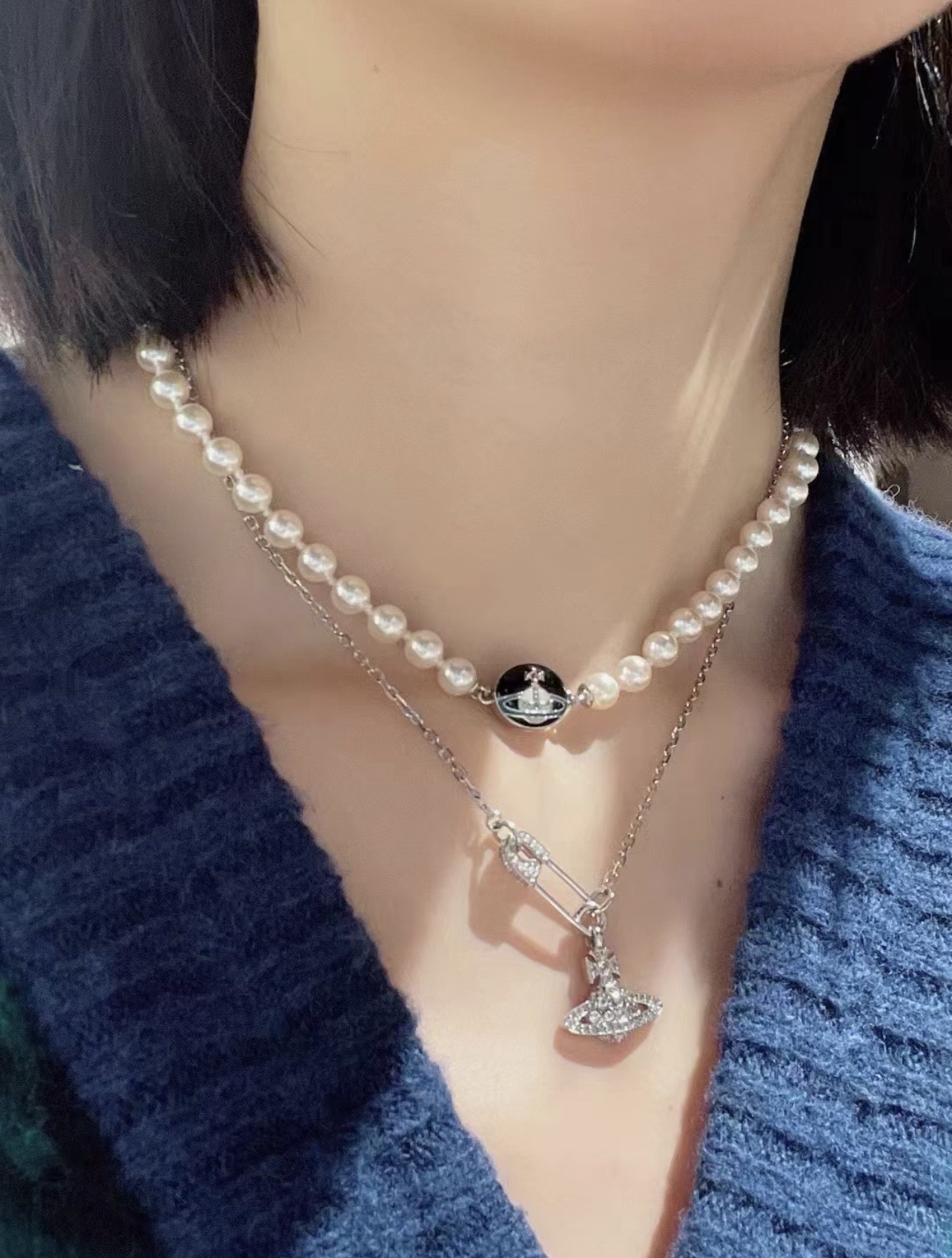 Vivienne Westwood 新品上架西太后磁扣珐琅土星图案珍珠项链