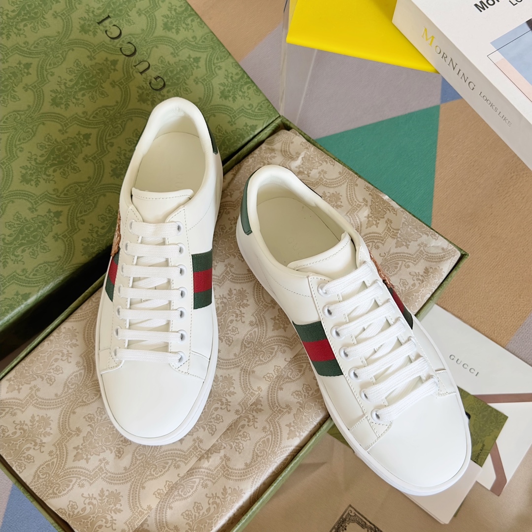 Gucci Skateboard Shoes Sneakers White Embroidery Unisex Women Men Cowhide Rubber Casual