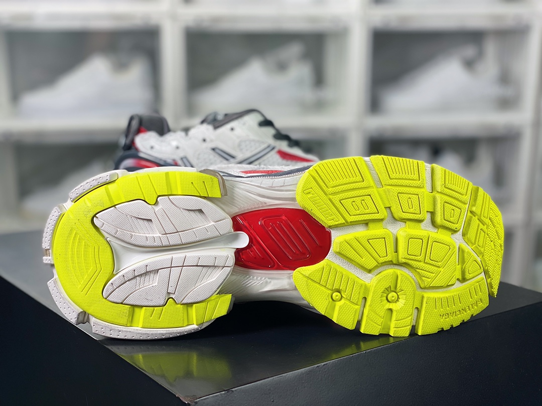 BALENCIAGA Runner Sneaker”White/Dark Grey/Red” jogging series low-top jogging shoes ”deconstruction destruction white dark gray red and yellow” 677403 W3RB6 9167