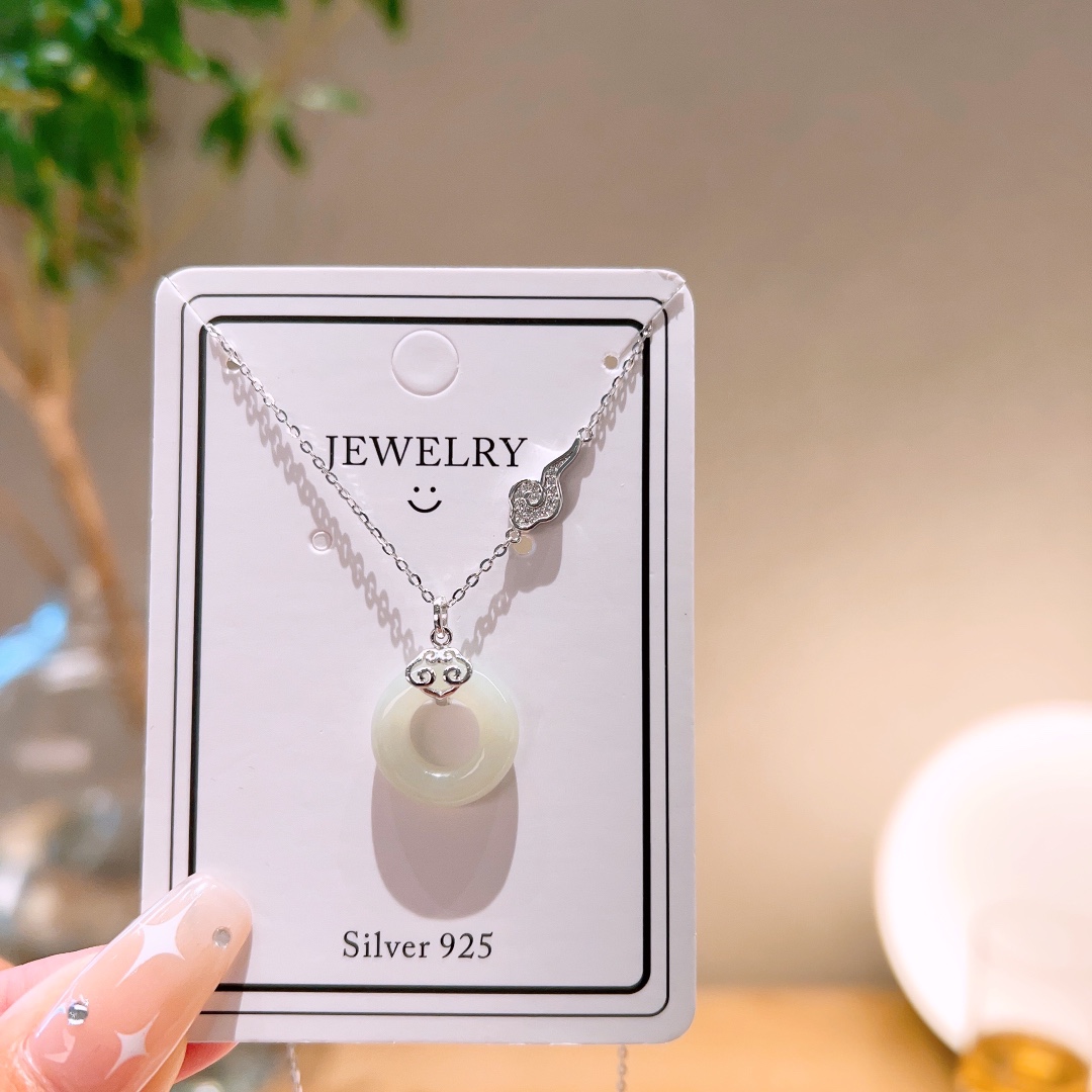 Fine Silver Hetian Jade Necklace Ultra Minimal Spring Festival Silver