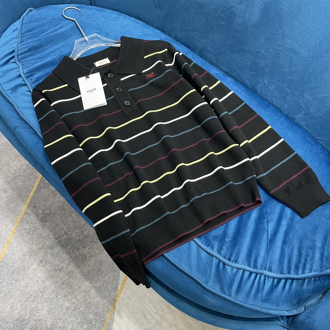 NO:307302,Celin* new pullover Polo collar knitted top embroidered logo with custom button design, celine, alexander wang19860909Celin*新款套头Polo领针织上衣刺绣logo搭配定制纽扣设计上身好看,,celine,alexander wang,Women's clothing