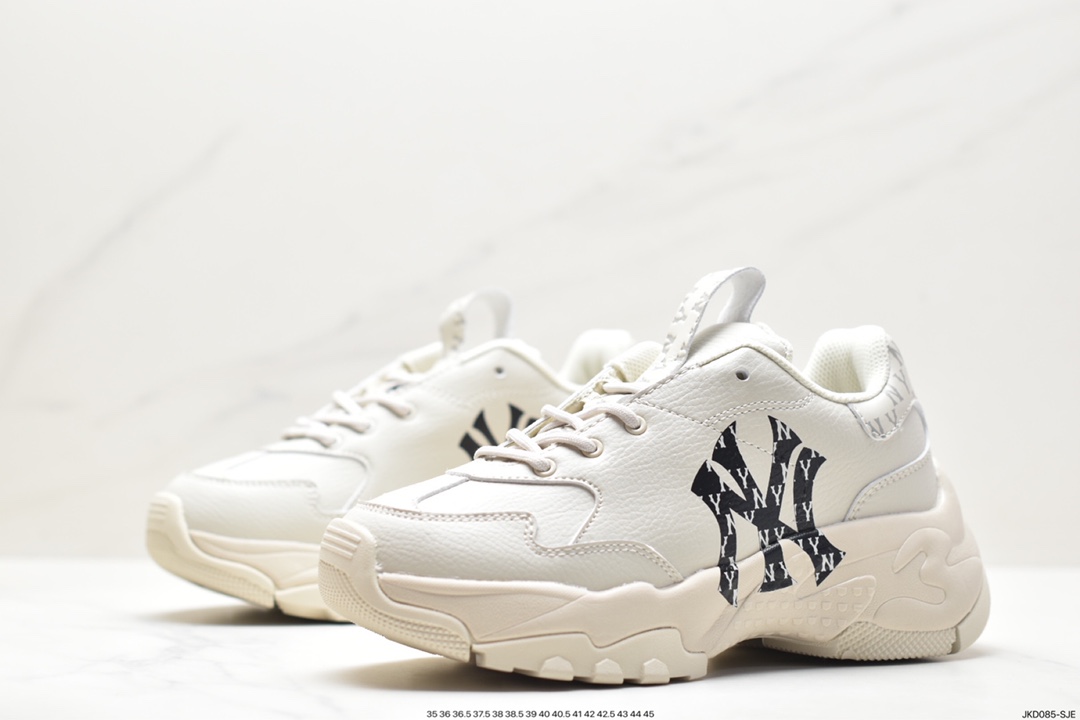 Korea Limited Release NY Yankees Limited x MLB Big Ball Chunky Mesh Thick-soled Running Shoes ”Mesh Ivory White Black NY Print” 3ASHBMN3N (GP006)