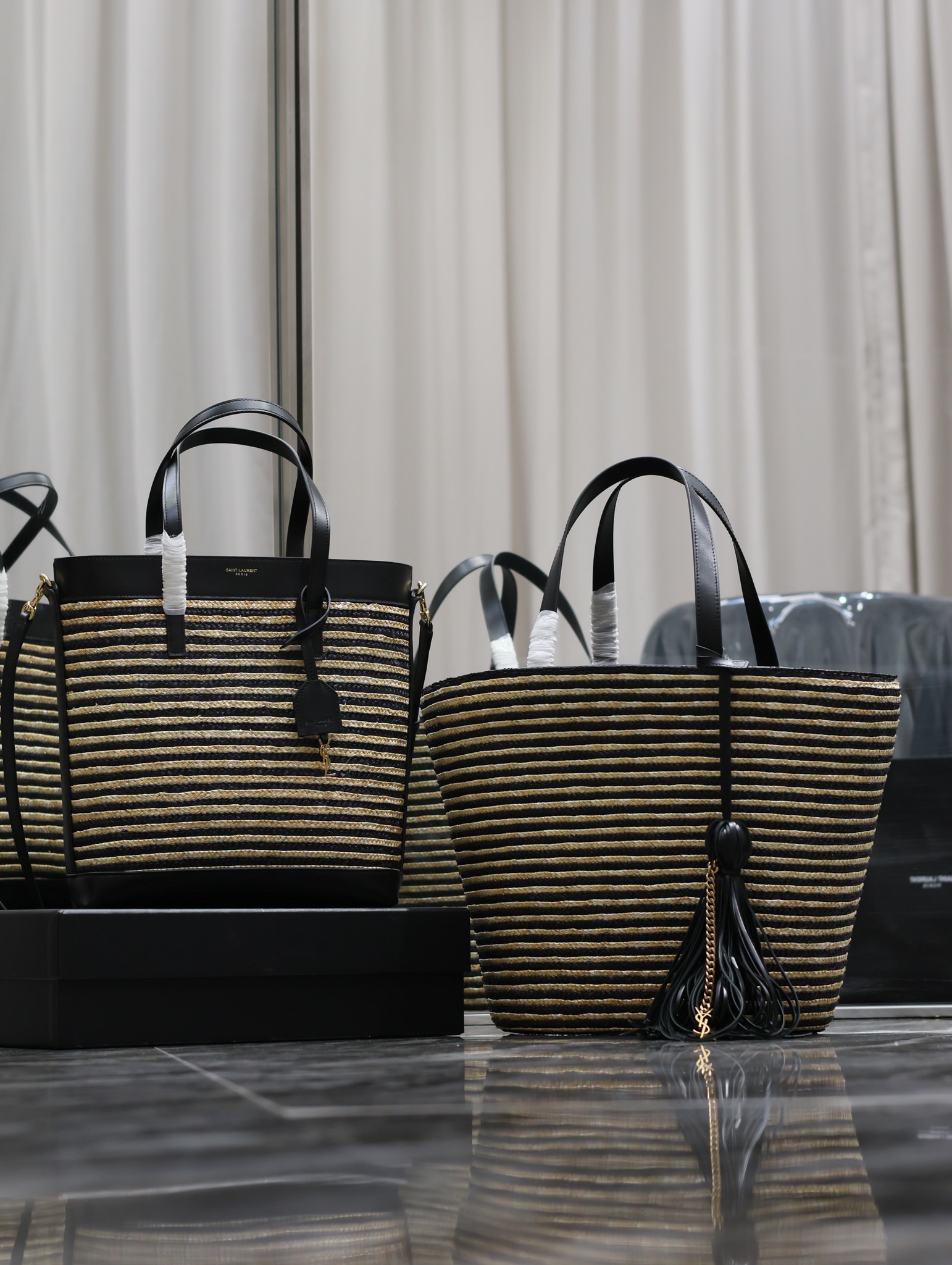 ✨Bolso de compras/bolso con flecos de cubo_ Rayas negras y albaricoque con cierre dorado y cuero de vaca