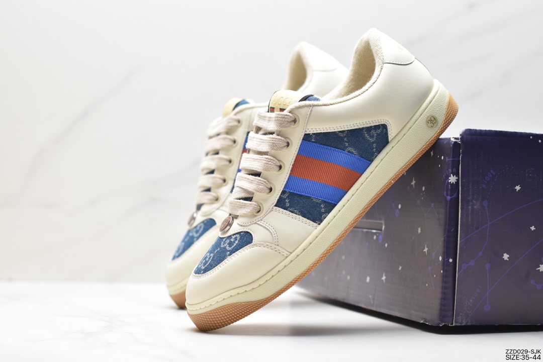 Gucci Screener GG Sneaker Low classic prototype series retro dad all-match old casual sports sneakers ”butter white green red punching white old”