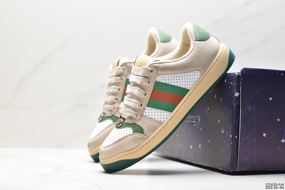 Gucci Screener GG Sneaker Low classic prototype series retro dad all-match old casual sports sneakers ”butter white green red punching white old”