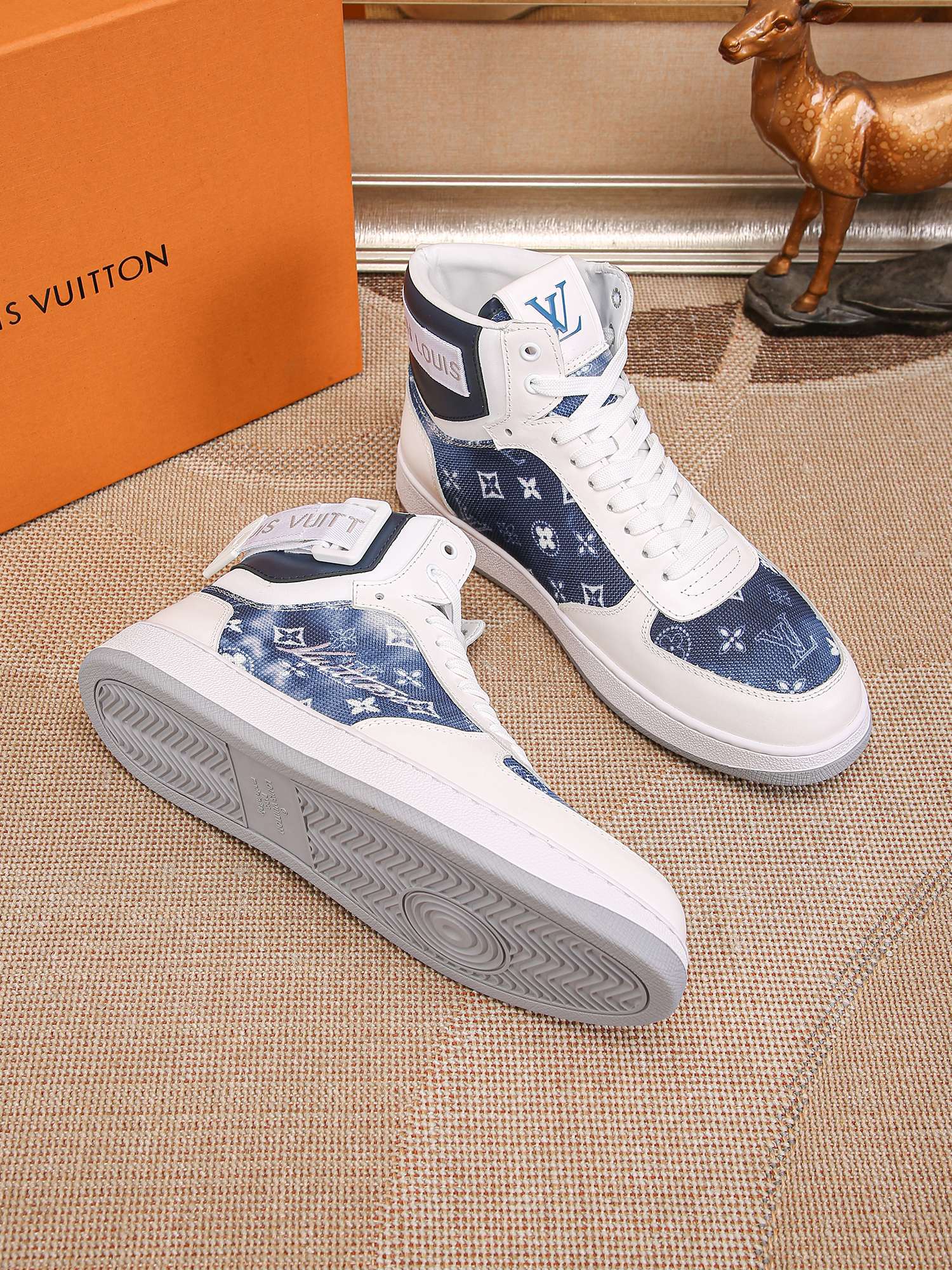 Louis Vuitton Men's Blue Denim Leather High-Top Sneakers, Size 38-44 5 a1691947440025 4416