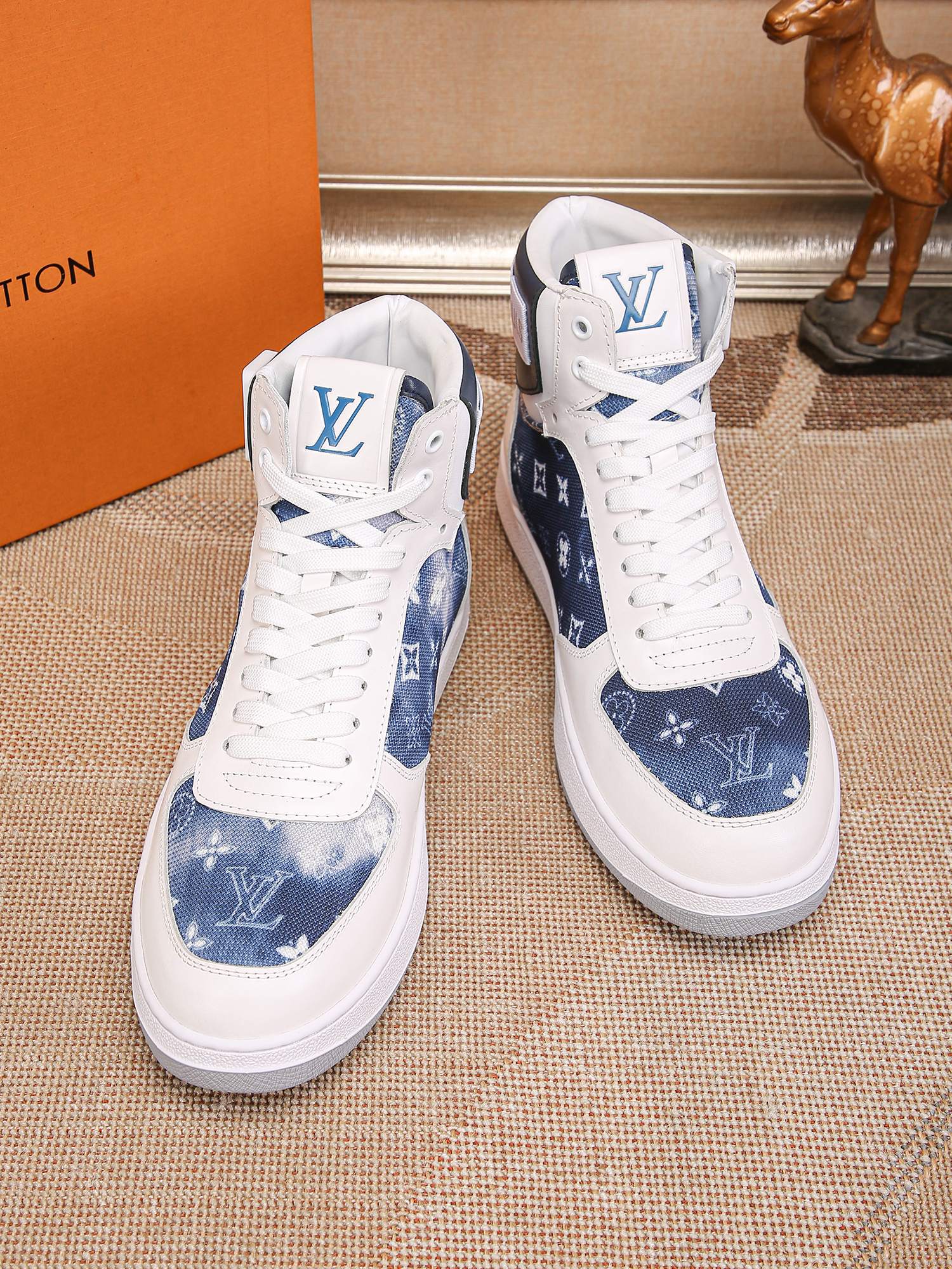 Louis Vuitton Men's Blue Denim Leather High-Top Sneakers, Size 38-44 7 a1691947440422 6167