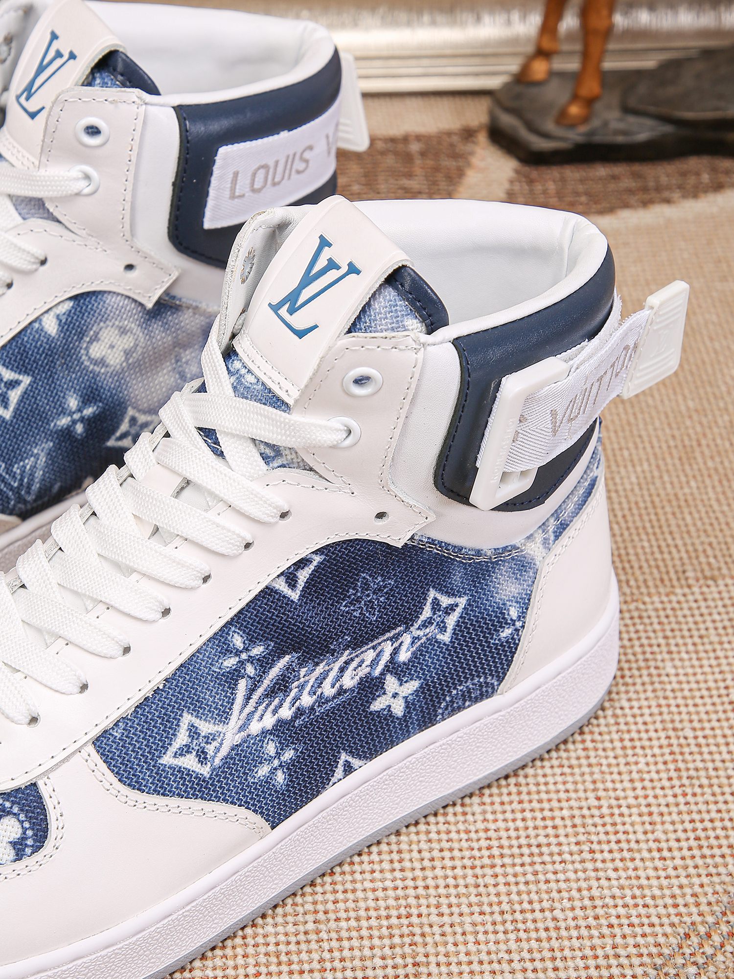 Louis Vuitton Men's Blue Denim Leather High-Top Sneakers, Size 38-44 10 a1691947441519 2380