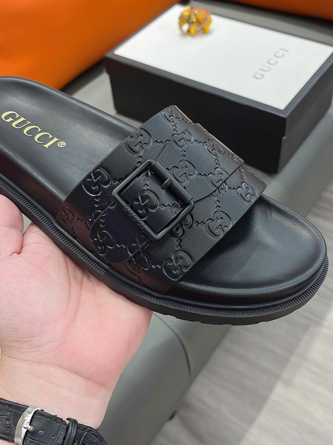 Gucci Men's Black Rubber Slides Sandals with Buckle Detail Size 38-44 8 a1692003411438 2701