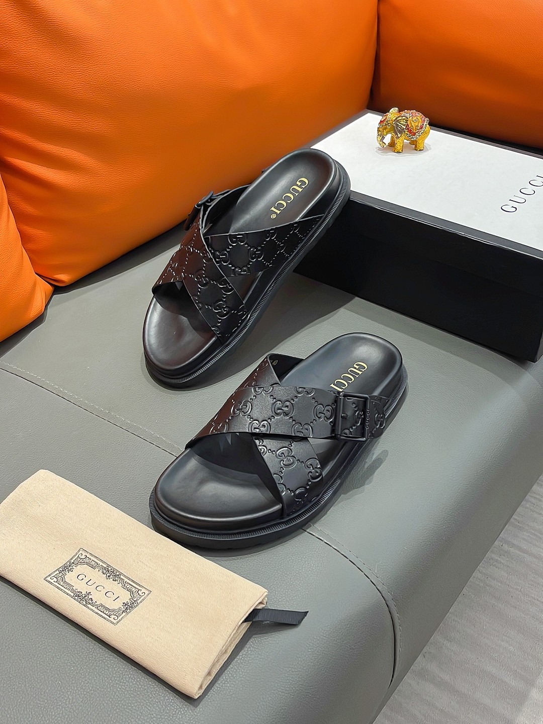 Gucci Men's Black Leather Cross Strap Sandals with Embossed GG Pattern 3 a1692003440320 3702