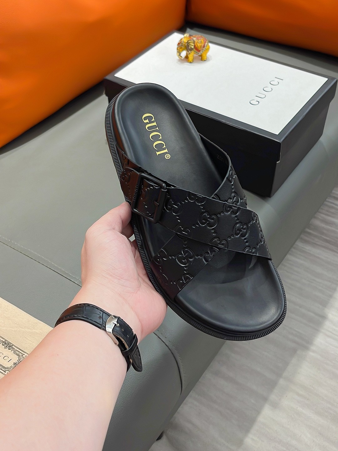 Gucci Men's Black Leather Cross Strap Sandals with Embossed GG Pattern 4 a1692003440371 3860