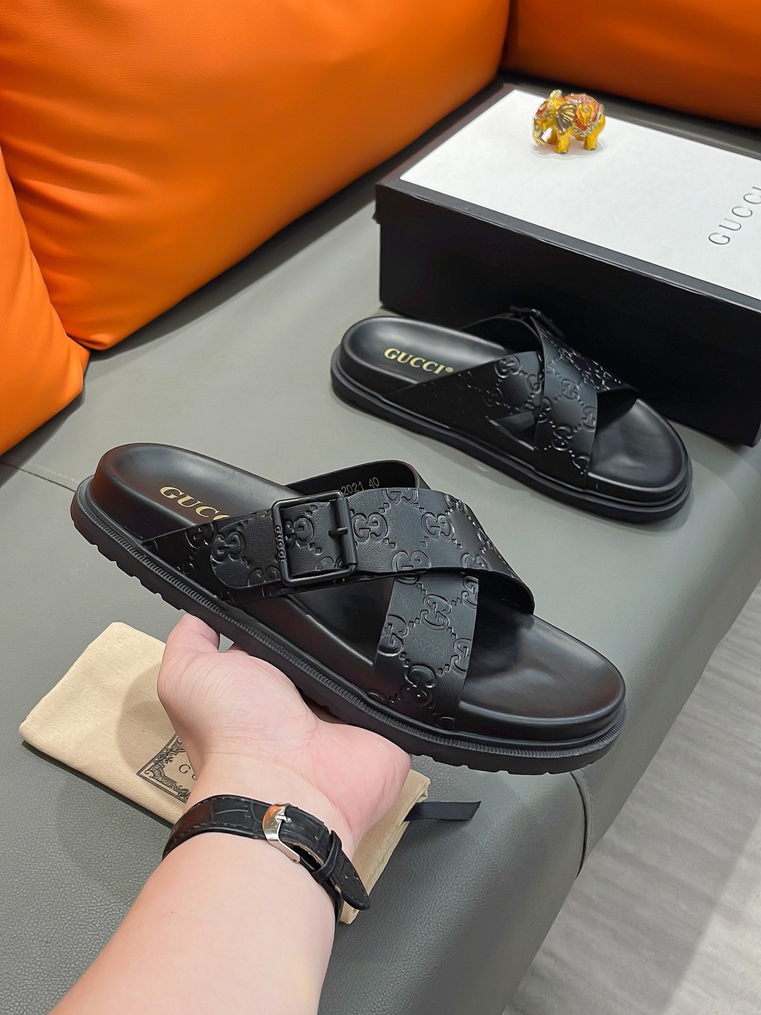 Gucci Men's Black Leather Cross Strap Sandals with Embossed GG Pattern 6 a1692003440490 4180