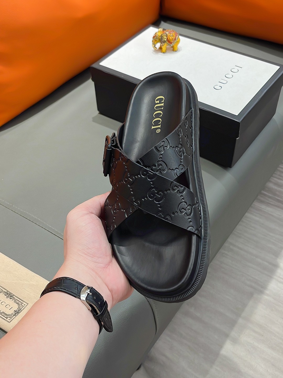Gucci Men's Black Leather Cross Strap Sandals with Embossed GG Pattern 7 a1692003440554 2106