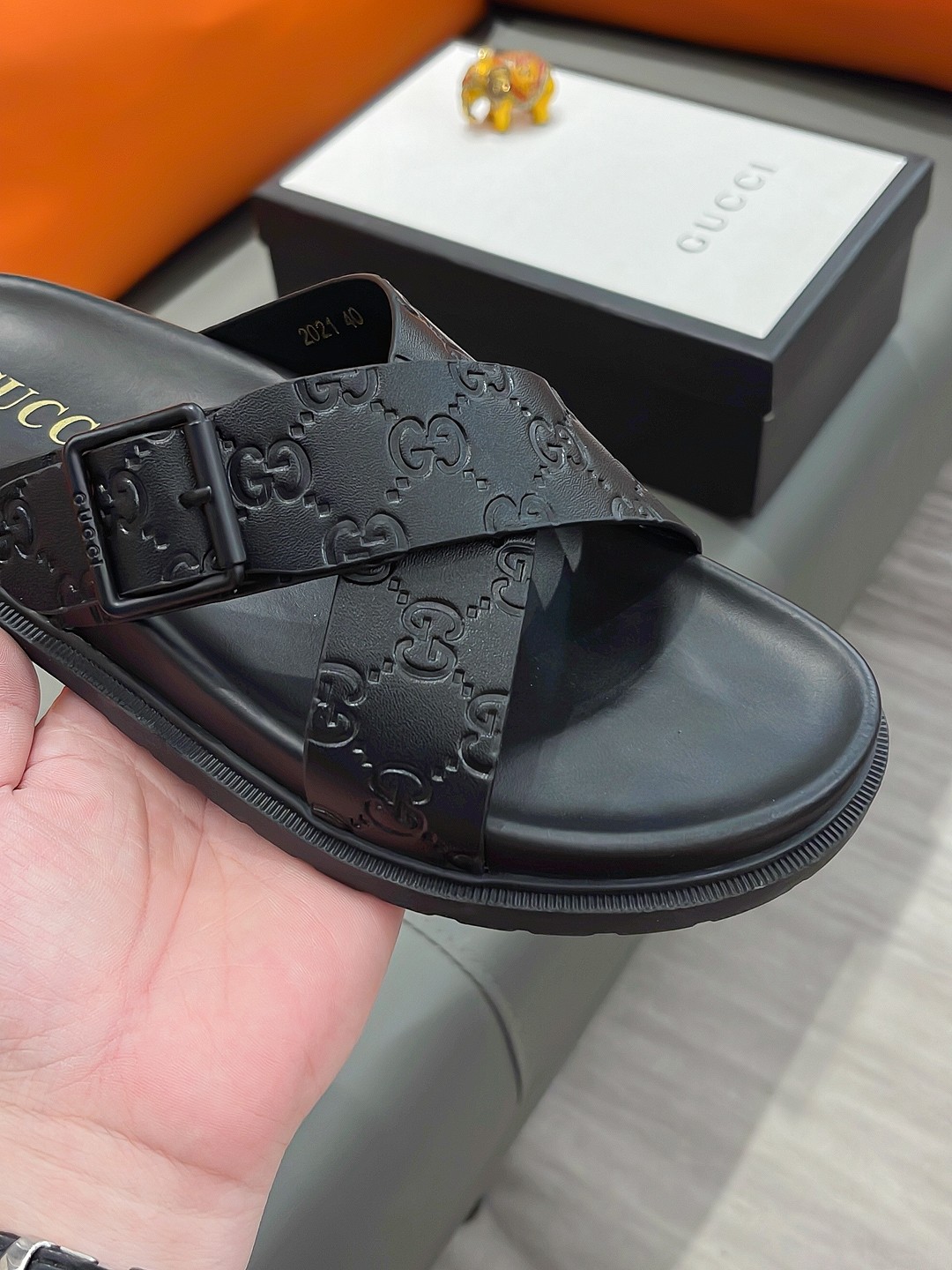 Gucci Men's Black Leather Cross Strap Sandals with Embossed GG Pattern 8 a1692003440588 4173