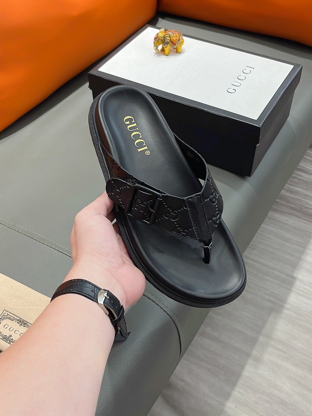 Gucci Men's Black Rubber Thong Sandals with Embossed GG Pattern 4 a1692003586833 6055