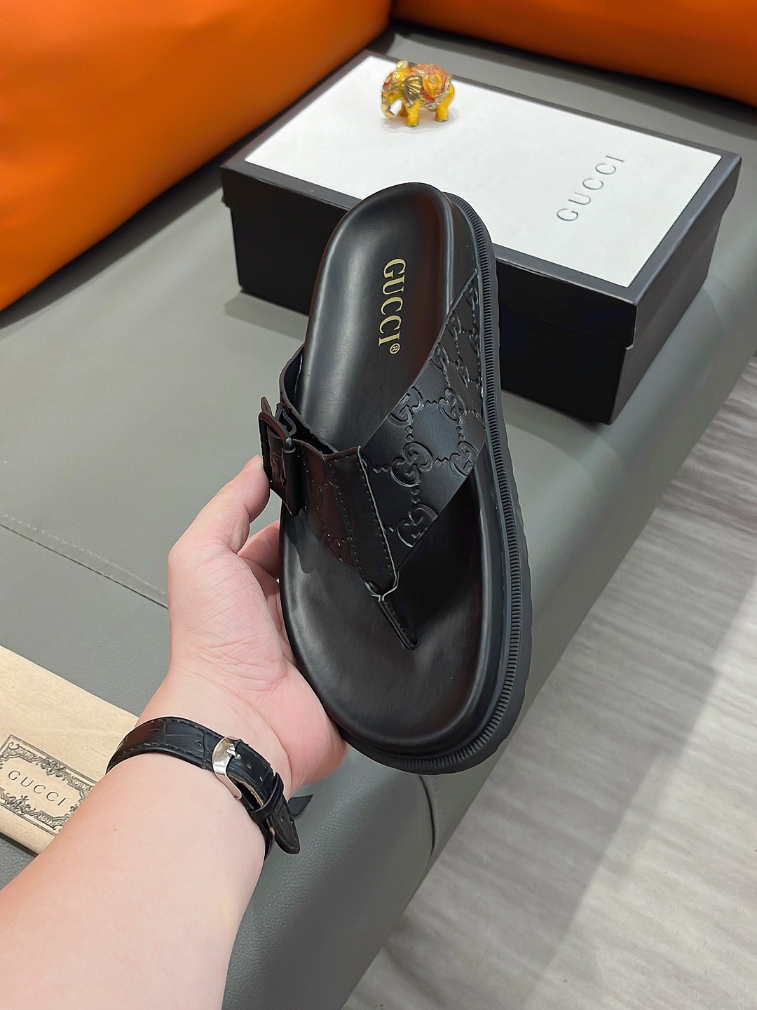 Gucci Men's Black Rubber Thong Sandals with Embossed GG Pattern 7 a1692003587039 7432