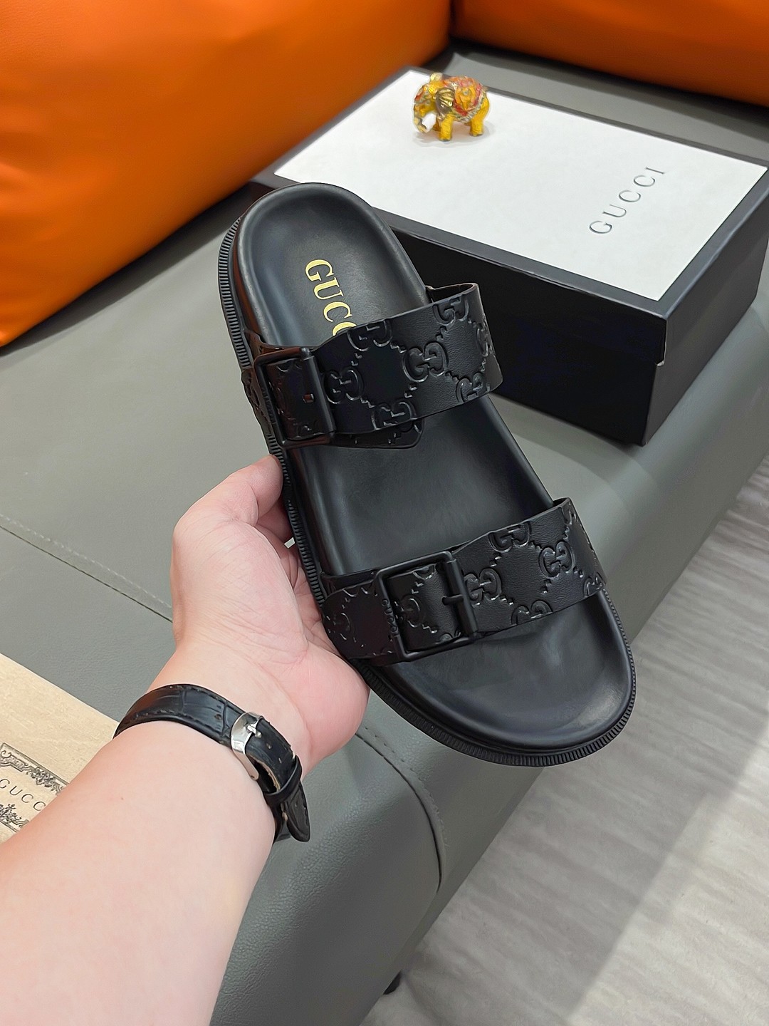 Gucci Men's Black Leather Sandals with Embossed GG Pattern - Size 38-44 4 a1692003620065 2228