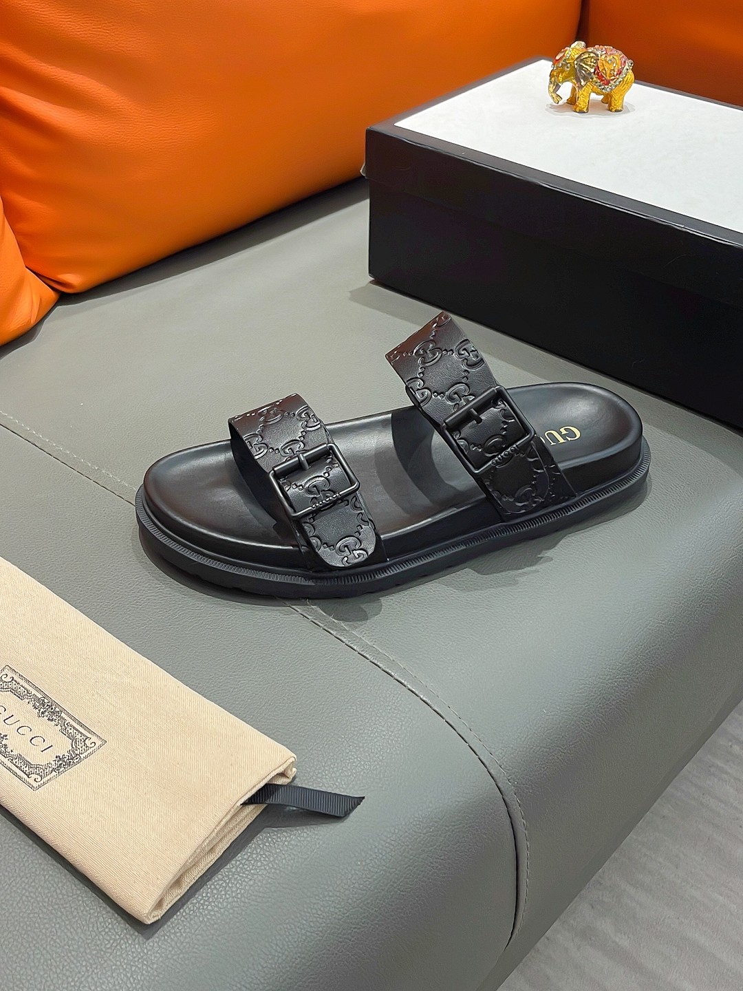 Gucci Men's Black Leather Sandals with Embossed GG Pattern - Size 38-44 5 a1692003620116 3465