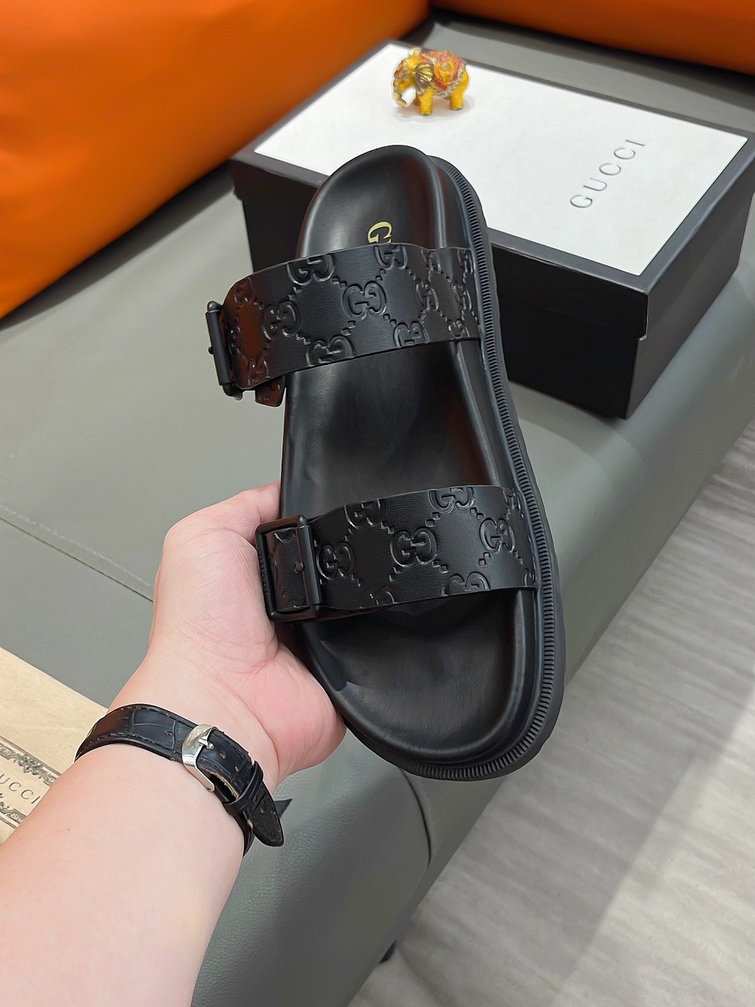 Gucci Men's Black Leather Sandals with Embossed GG Pattern - Size 38-44 7 a1692003620243 4011