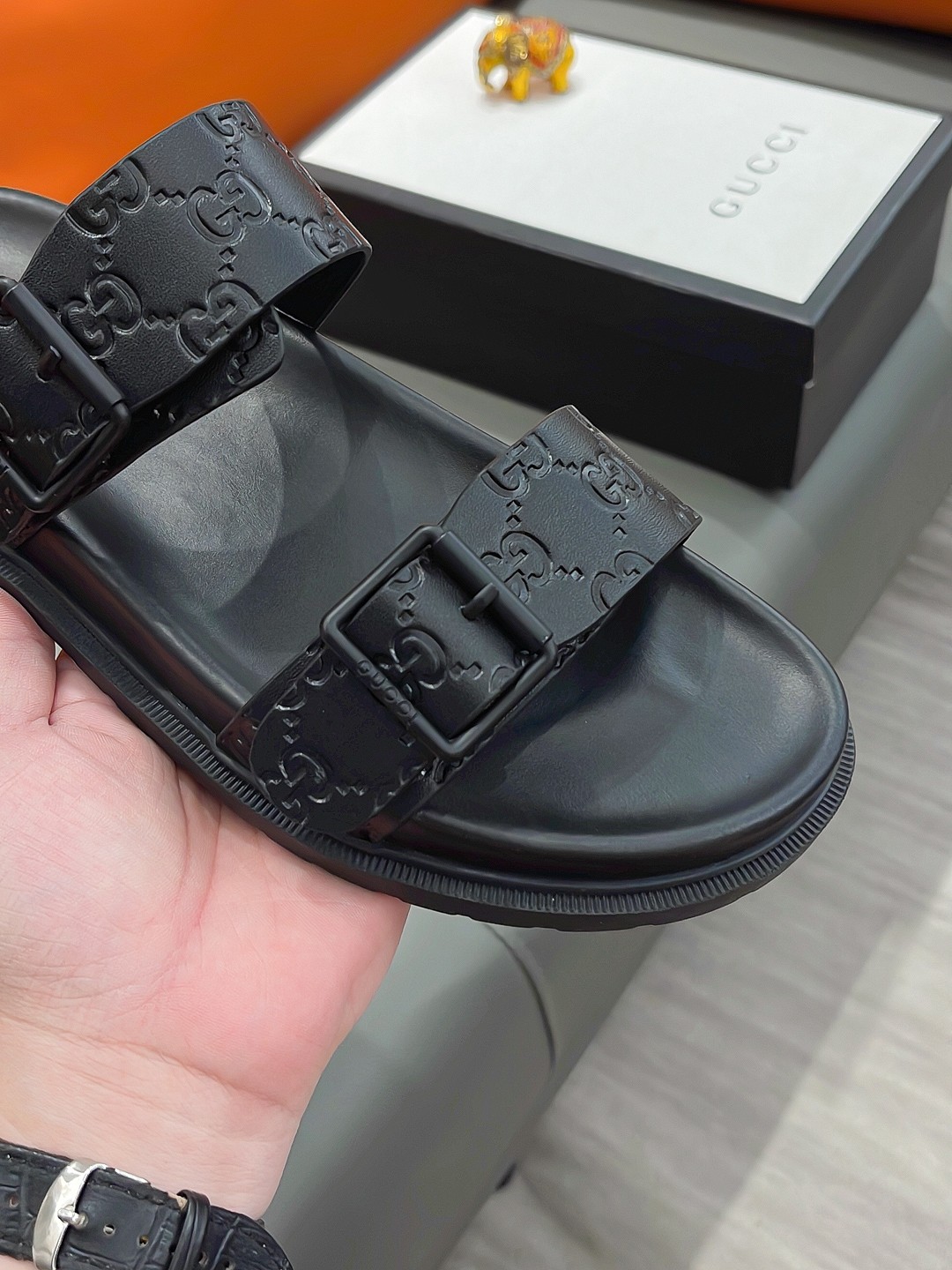 Gucci Men's Black Leather Sandals with Embossed GG Pattern - Size 38-44 8 a1692003620367 5455