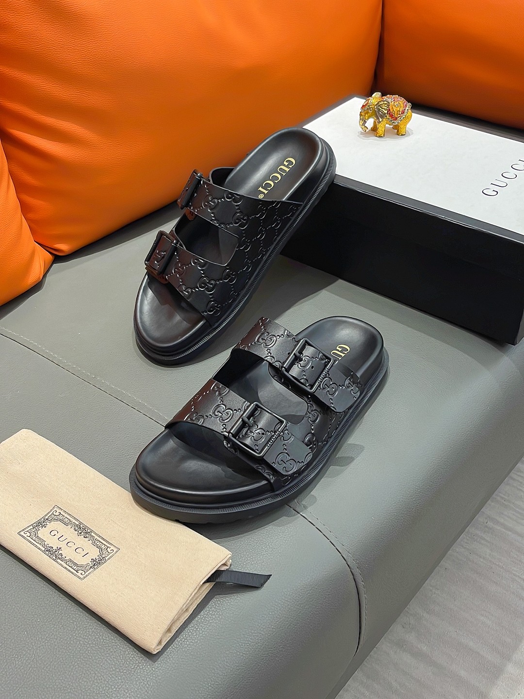 Gucci Men's Black GG Embossed Leather Slide Sandals Size 38-44 3 a1692003654166 1487