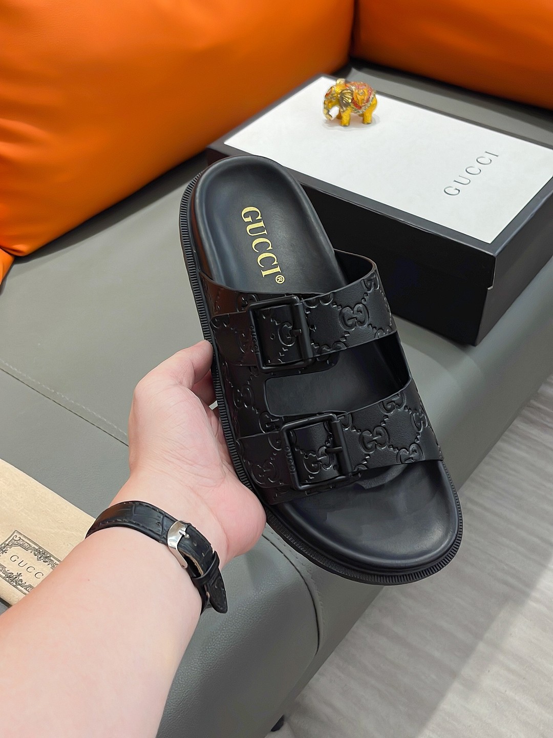 Gucci Men's Black GG Embossed Leather Slide Sandals Size 38-44 4 a1692003654215 2782