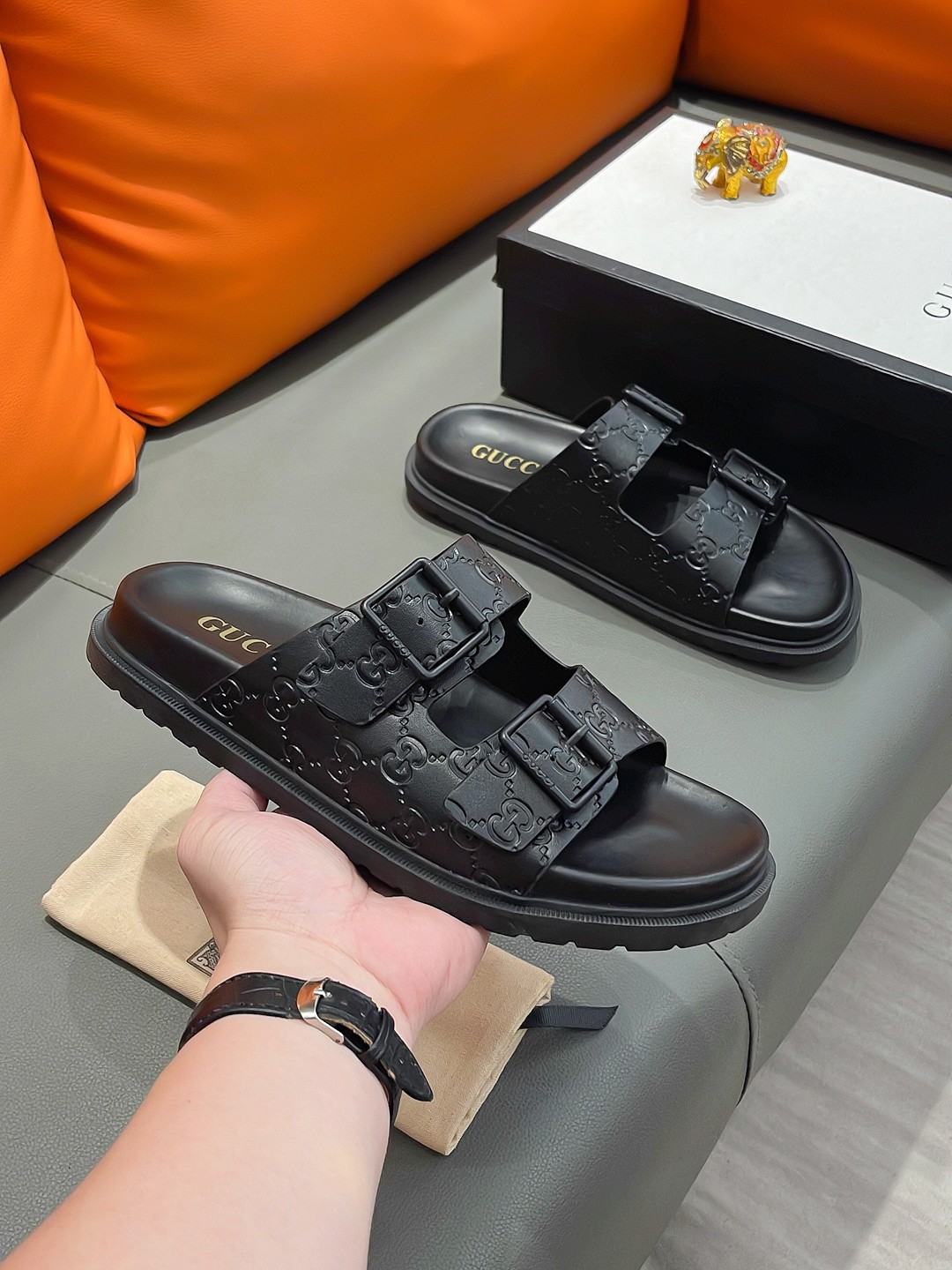 Gucci Men's Black GG Embossed Leather Slide Sandals Size 38-44 6 a1692003654317 0602