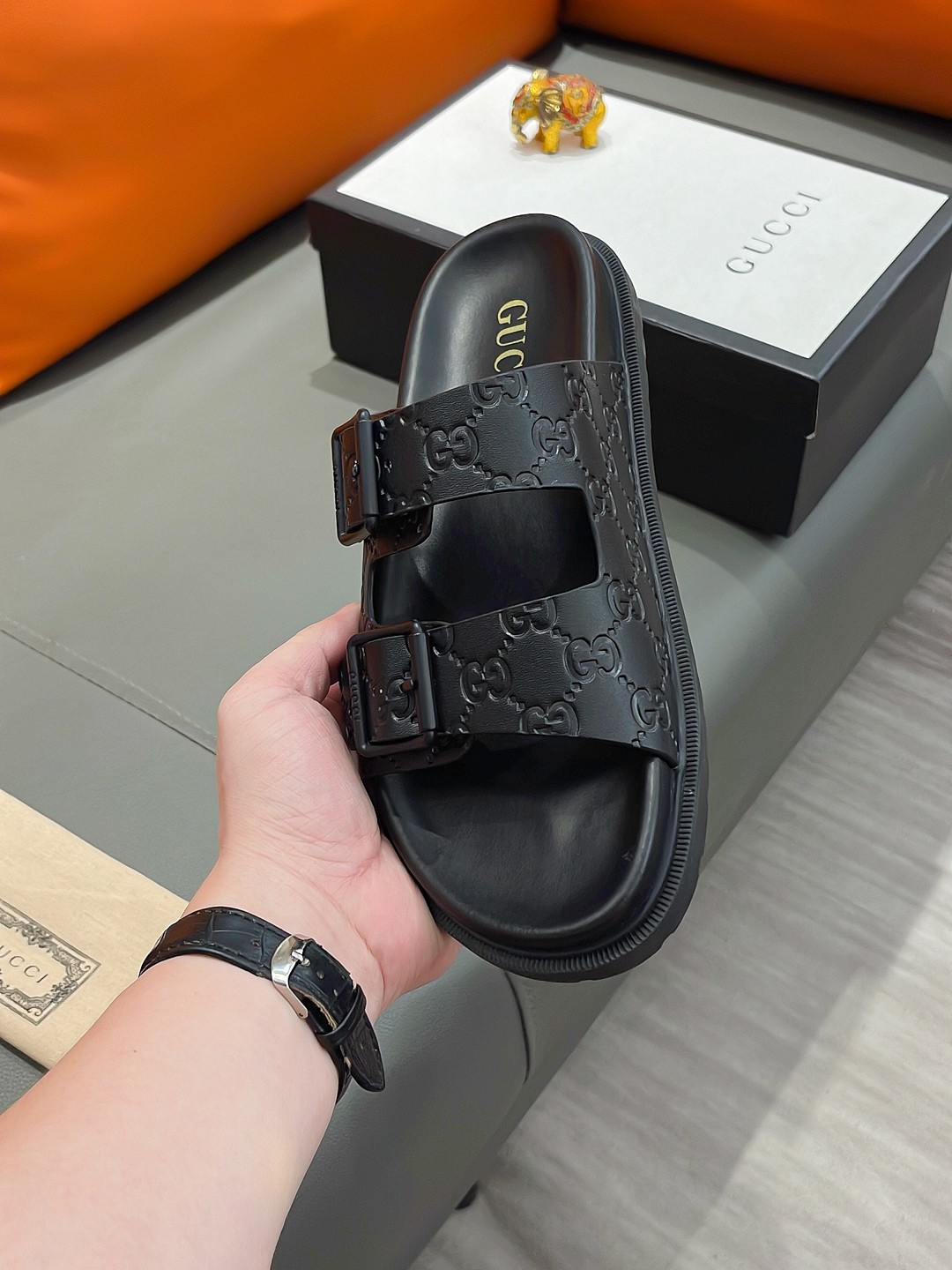 Gucci Men's Black GG Embossed Leather Slide Sandals Size 38-44 7 a1692003654366 8416