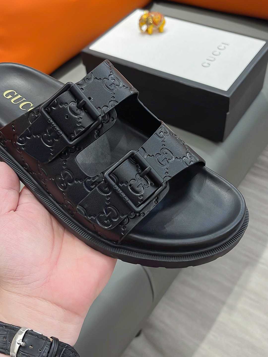 Gucci Men's Black GG Embossed Leather Slide Sandals Size 38-44 8 a1692003654441 1151