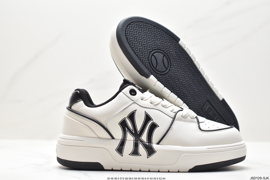 MLB Chunky Liner New York Yankees Senior Shoes Series Low-top Daddy Style Lightweight Height-enhanced Thick-soled All-match Casual Sports Jogging Shoes ”Leather White and Black NY Print” 3ASXCA12N (C0006)