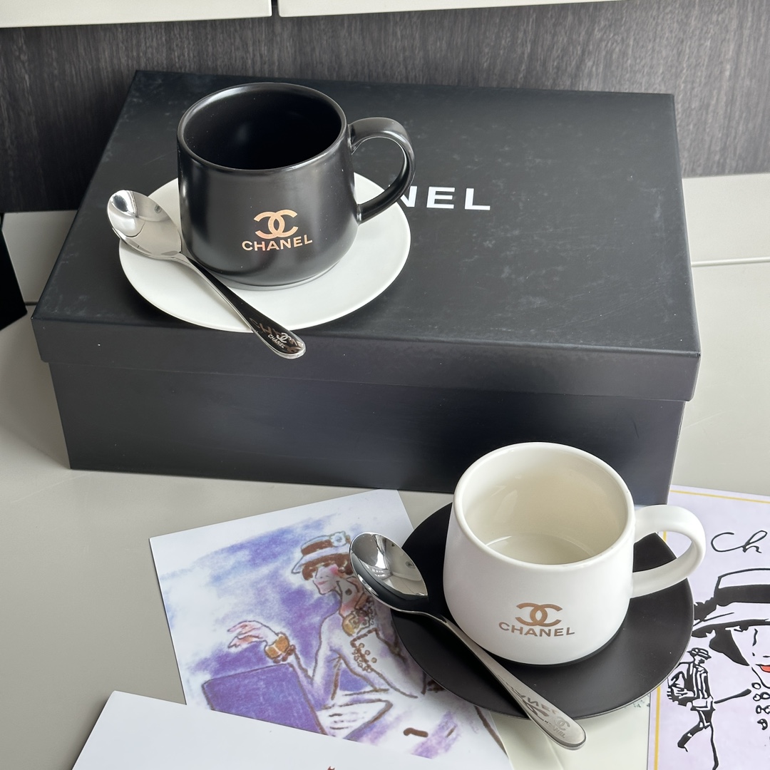 CHANEL Coffee & Tea Set (Set of 2 Cups, 2 Saucers, and 2 Spoons - Comprehensive 9