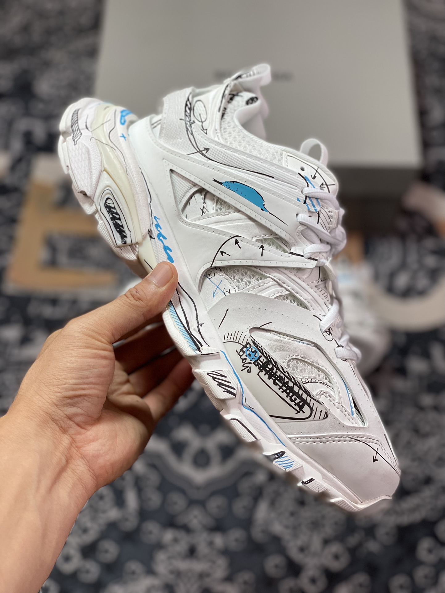 High-end luxury brand - Balenciaga Track Trainers 3.0 Retro Wild Running ”White Black Sky Blue Graffiti” 542023 W3SRA 9014