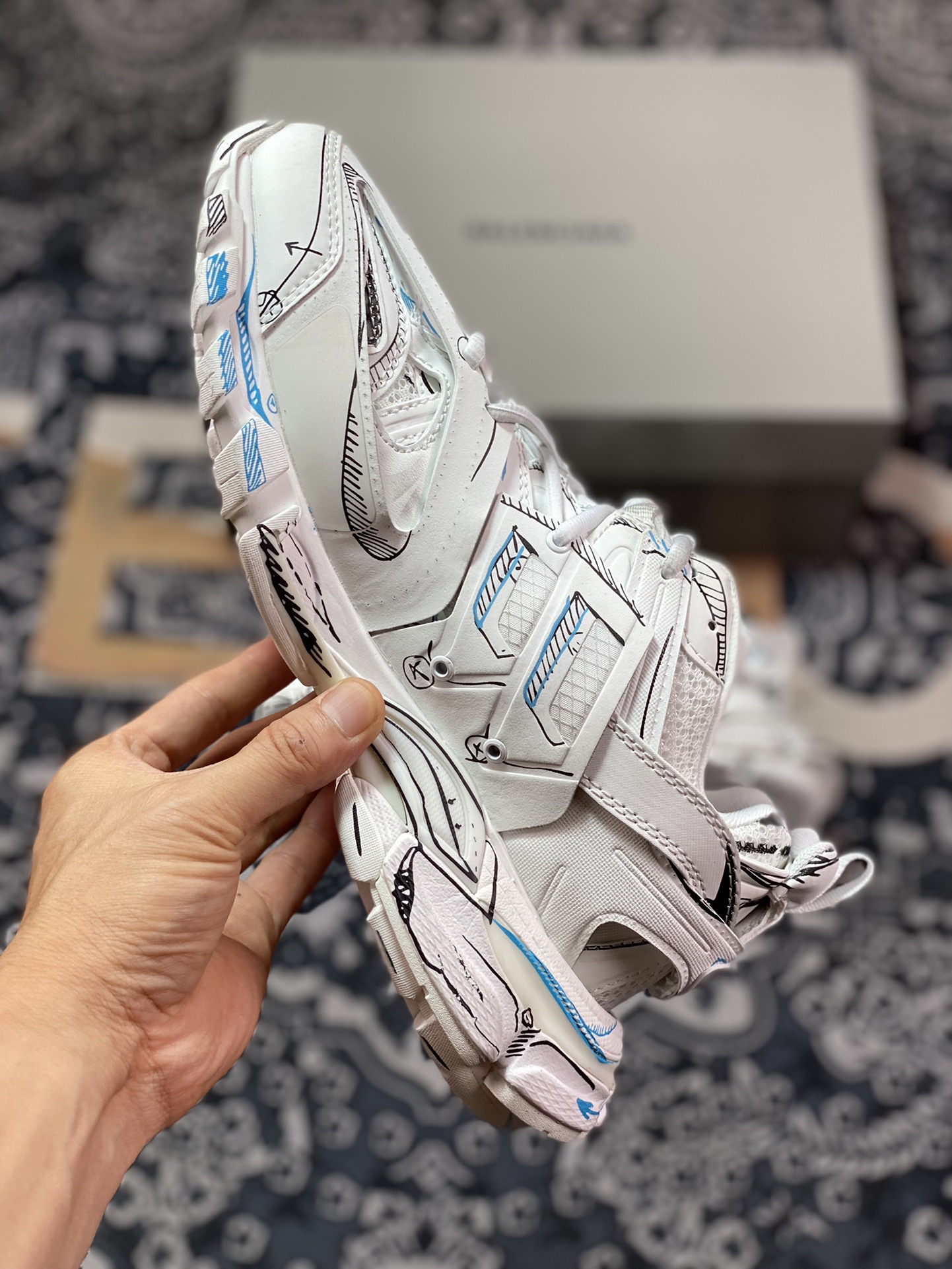 High-end luxury brand - Balenciaga Track Trainers 3.0 Retro Wild Running ”White Black Sky Blue Graffiti” 542023 W3SRA 9014