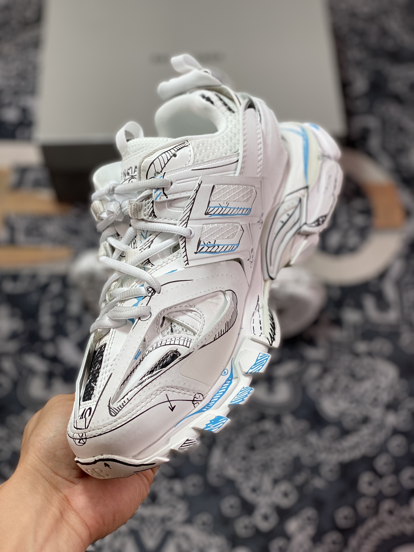 High-end luxury brand - Balenciaga Track Trainers 3.0 Retro Wild Running ”White Black Sky Blue Graffiti” 542023 W3SRA 9014