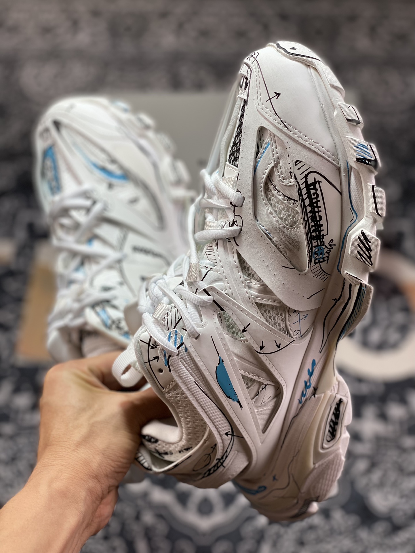 High-end luxury brand - Balenciaga Track Trainers 3.0 Retro Wild Running ”White Black Sky Blue Graffiti” 542023 W3SRA 9014