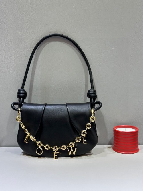 LOEWE Paseo Satchel Bag in Black Leather with Chain Detail, 25*17*8cm 1 LOEWE Paseo Satchel Bag in Black Leather with Chain Detail, 25*17*8cm