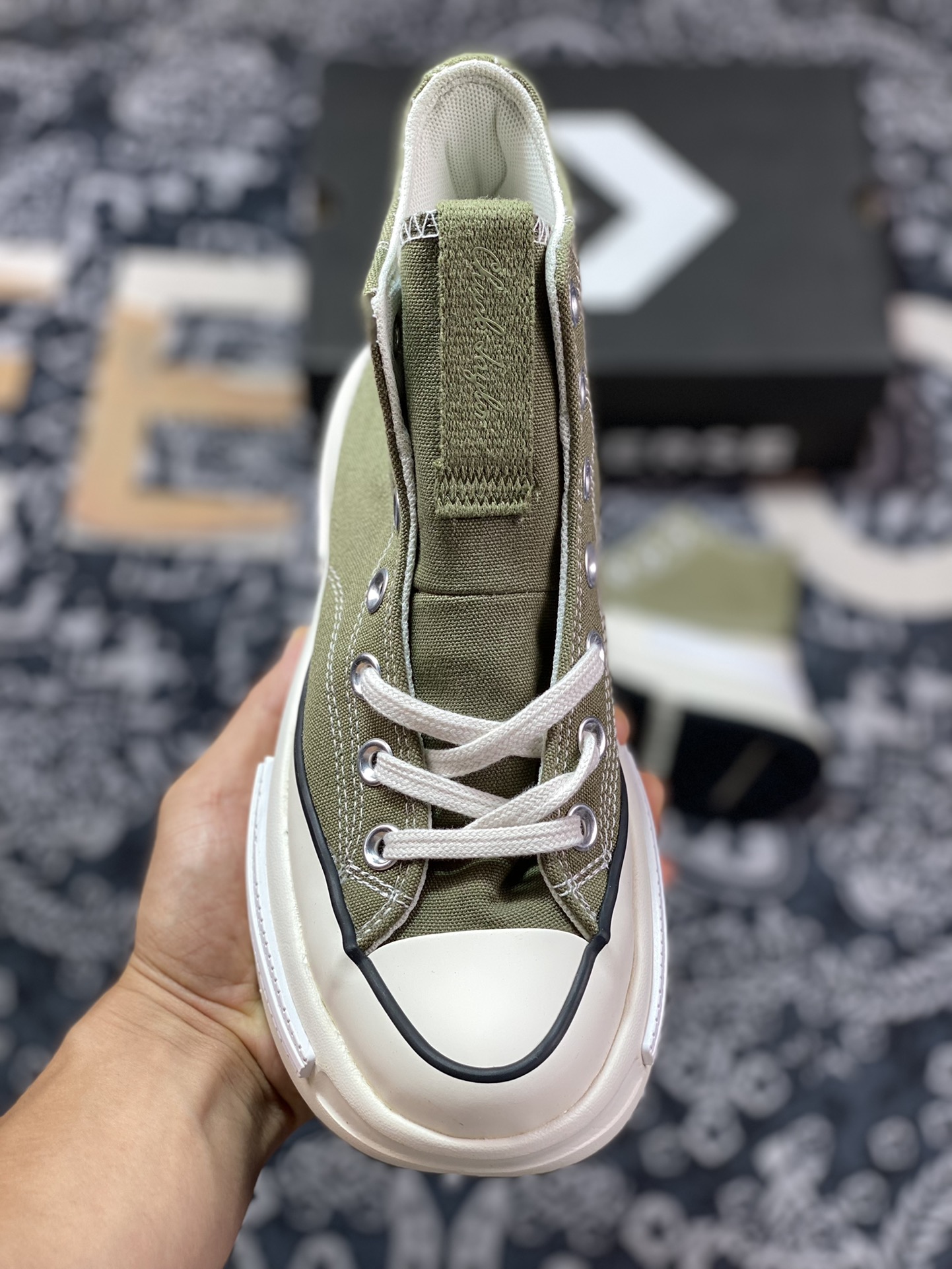 Converse Run Star Legacy stitching military green thick-soled sandwich height-enhancing canvas shoes