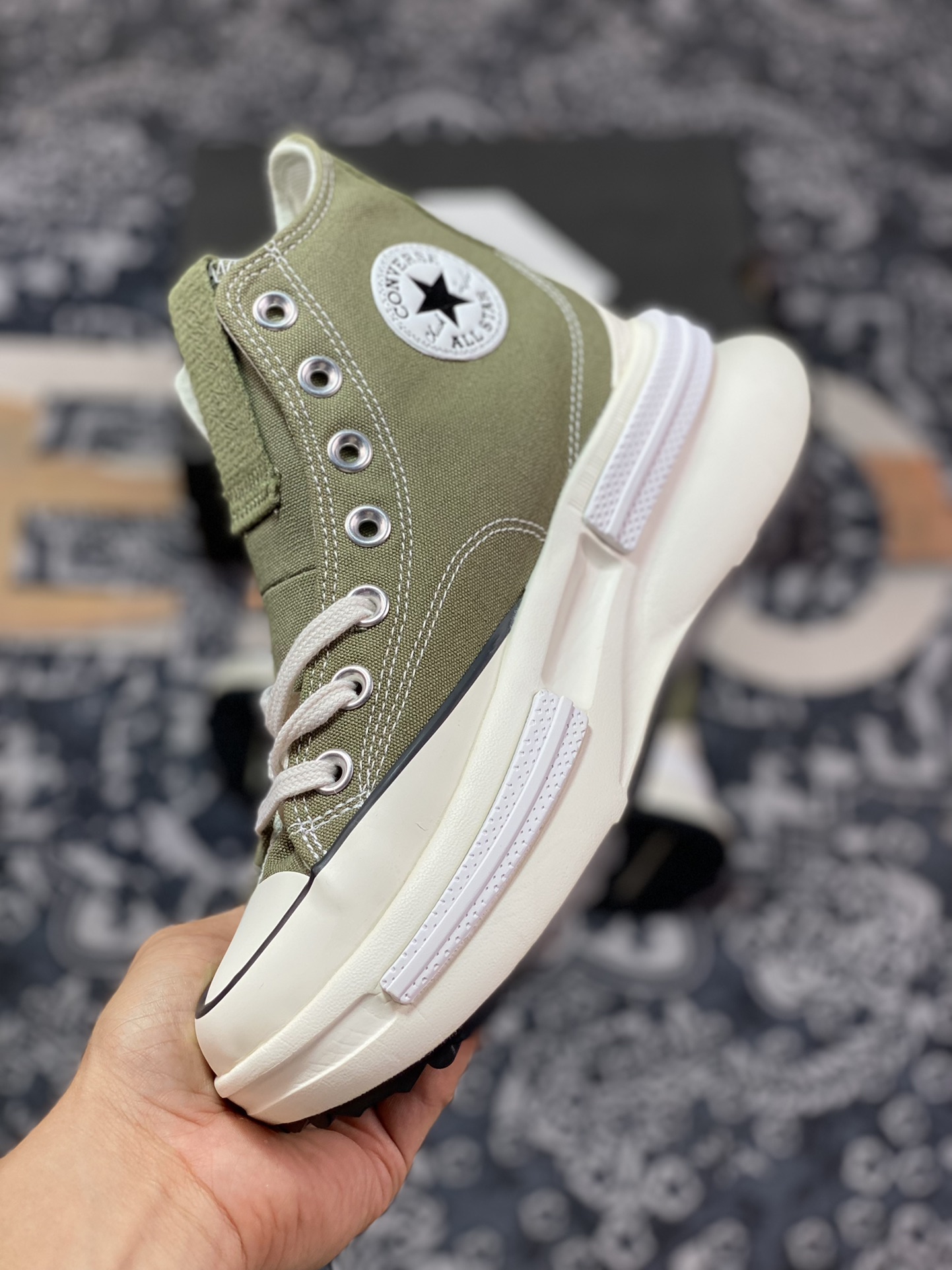 Converse Run Star Legacy stitching military green thick-soled sandwich height-enhancing canvas shoes